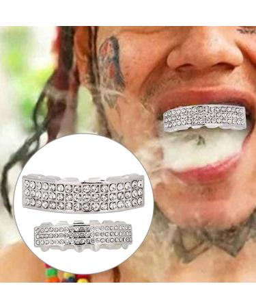 Iced Out Diamond Teeth Grillz Set for Men Women Plating Hip Hop Gold Grills for Your Teeth Teeth Jewelry and Accessories for Halloween Party Show Silver - Buy Online on GoSupps.com