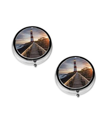 (Lighthouse) Round Pill Box 3 Compartment Pill Box Mini Decorative Pocket Purse Portable Travel Medicine Tablet Vitamin Holder Organizer Pill Case