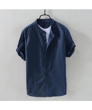 Ykohkofe Men's Navy Linen Button Down Shirt - Summer Short Sleeve Casual Slim Fit Chambray T-Shirt (Large) - Buy Online on GoSupps.com