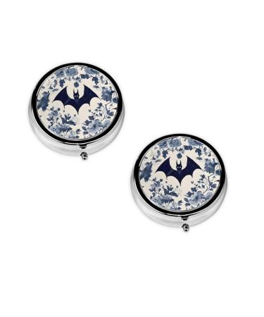 (Bat Pattern) Round Pill Box 3 Compartment Pill Box Mini Decorative Pocket Purse Portable Travel Medicine Tablet Vitamin Holder Organizer Pill Case