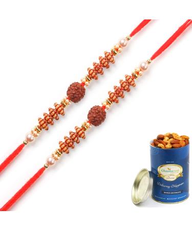 Ghasitaram Gifts Rakhi for Brother Rakhis Online Set of 2-6142- Rudraksh Rakhi with 100 GMS of Dryfruits Mix Can 2 Rakhi with 100 gms of Dryfruits Mix Can