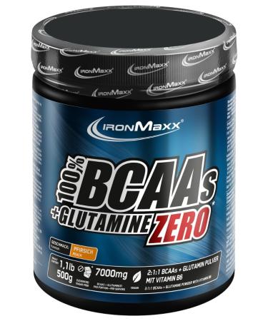 Ironmaxx 100% BCAAS + GLUTAMINE ZERO - Peach 500g |Veganes and sugar -free amino acids powder with vitamin B6 |6000 mg BCAA's and 1000 mg glutamine per portion - Buy Online on GoSupps.com