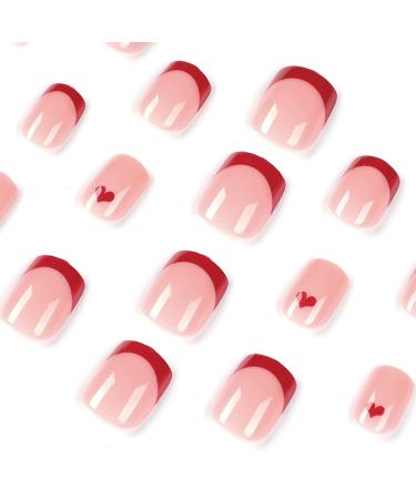 Justotry Red French Nails - 24-Piece Heart Motif Press-On Set | Glossy Angular Square Fingernails for Women - Buy Online on GoSupps.com