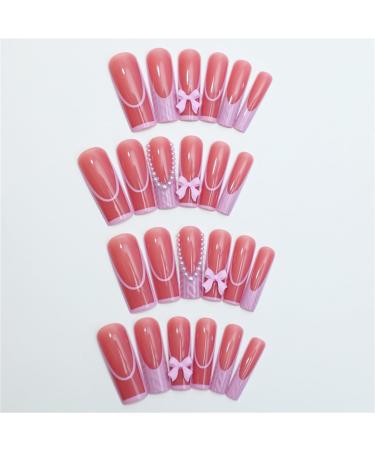 Soild Pearl Fake Nail Long Square Press on Nails Pink French Tips Nail Art Decoration for Women and Girls Manicure 24pc - Buy Online on GoSupps.com