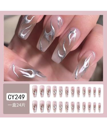 Press on Nails Long trapezoidal shape Fake Nails Silver Flame Pink False Nails Gloss Reusable Press on Nails Designs Acrylic Nails Press on Artificial Nails Stick on Nails For Women Girls 24Pcs - Buy Online on GoSupps.com