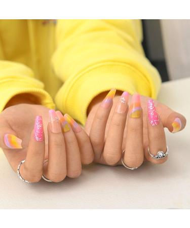 Sethexy Long Sparkle Ballerina False Nails - Colorful Coffin Acrylic Fingernails with Bling | 24pcs for Women & Girls - Buy Online on GoSupps.com