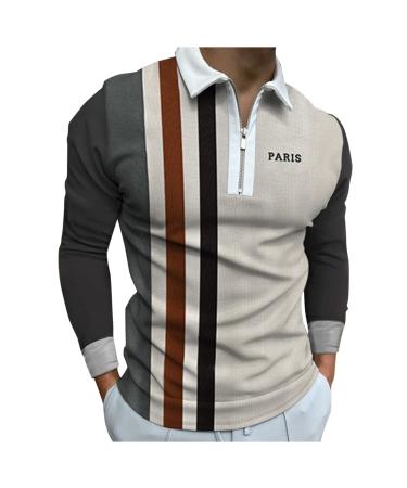 ZNNE ZDFER Zipper Polo Shirts for Mens, Fall Summer Patchwork Slim Fit Long Sleeve T Shirt X-Large