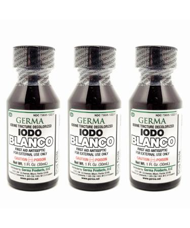 Germa White Iodine Tincture. First Aid Antiseptic. For Minor Scrapes Cuts Bruises and Burns. Prevents Skin Infection. 1 oz. Pack of 3
