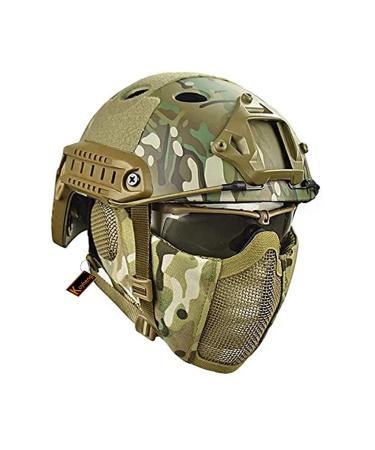 MH Tactical Fast Helmet Combined,with Foldable Ear Protection Half Face Mesh Mask and Goggles for Airsoft Paintball CS Game Set CP