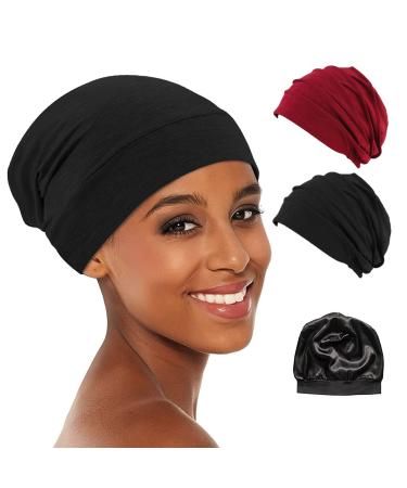 2 PCS Silk Bonnet for Sleeping Silk Hair Wrap Satin Bonnet Silk Sleep Caps for Women Head Wrap Stain Bonnet for Curly Hair Scarf Silky Durags for Men Stay on Overnight Cap - Red & Black Black & White