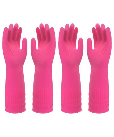 Sibba Rubber Cleaning Gloves 2 Pairs Kitchen Dishwashing Glove Reusable Waterproof Cleaning Rubber Gloves Non-Slip Household Cleaning Long Gloves Rose red