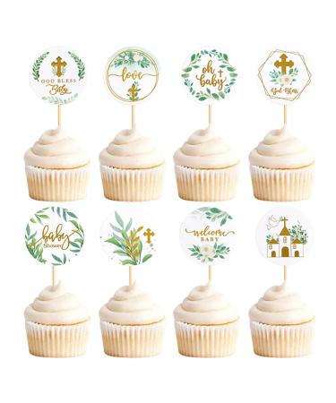 Daimay 32PCS Baby Shower Cupcake Toppers Greenery Baptism Cupcake Picks Floral Leaves God Bless Cross Cupcake Picks Gender Reveal Cake Topper Woodland Jungle Safari Theme Cupcakes Decor