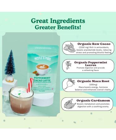 Pestle & Pods Peppermint Cacao Latte Blend Maca Root for Energy & Vitality 100% Organic Ingredients Coffee Alternative Minimal Natural Caffeine from Cacao Unsweetened No Added Sugar Vegan & Energizing Soothing-70g 25 servings - Buy Online on GoSupps.com