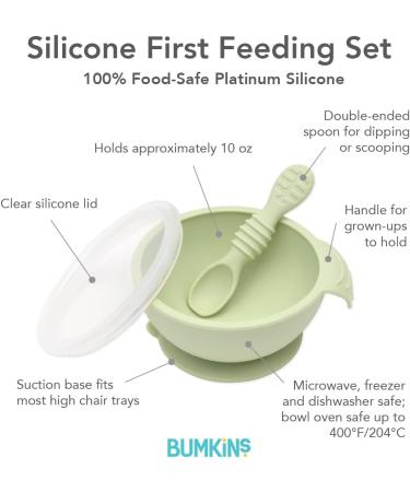 Bumkins Baby Bowls Silicone Baby Feeding Set Suction Bowls for Baby and Toddler with Spoon and Lid First Feeding Set Platinum Silicone Bowl for Babies 4 Months Up Sage - Buy Online on GoSupps.com