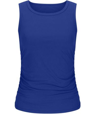 Yihaojia Womens Ribbed Knit Tank Tops Casual Plain Sleeveless Round Neck Shirts Basic Slim Fitted Side Ruched Blouses 2024 Blue XX-Large - Buy Online on GoSupps.com