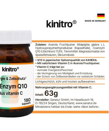 Kinitro Coenzyme Q10 & Vitamin C - Vegan Dietary Supplement 80mg High-Quality Q10 (Ubichinon) & Acerola Powder in 2 Capsules - Buy Online on GoSupps.com