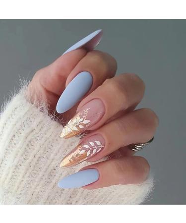 JUSTOTRY 24 Pcs Almond Press on Nails Short Matte French Stick on Nails Patterns Baby Blue and Pink False Nails Short for Women Stiletto Nail Fake Nails with Glue for Nails Art matte blue & pink