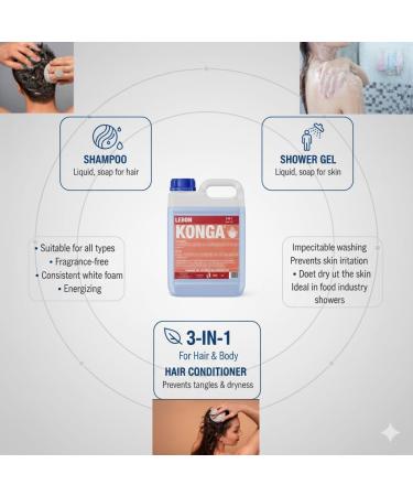 LEBON TRADING Konga 3in1 shower gel shampoo shower gel and hair conditioner perfumefree for food industry and commercial use skinfriendly protects against dehydration 5 liters - Buy Online on GoSupps.com