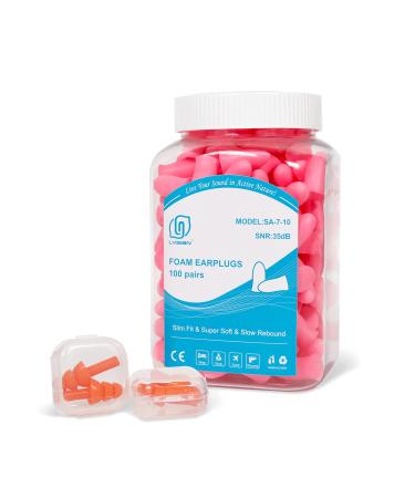 Slim Size Foam Ear Plugs for Small Ear Canals Women, Kids, 100 Pairs, 35dB SNR Noise Canceling Sound Blocking Reduction Earplugs for Sleeping, Snoring, Work, Shooting, Studying, Loud Noise, Pink