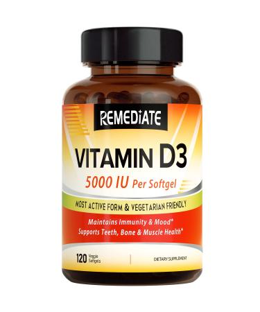 REMEDIATE Vitamin D3 5000 IU (125 mcg) High Potency for Healthy Immune Function & Better Calcium Absorption Stronger Bones & Teeth Non-GMO Vegetarian Friendly Once Daily 120 Softgels