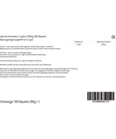 Jarrow Formulas L-Lysine 500mg High Dose Amino Acid - 100 Capsules | Lab-Tested, Gluten-Free, Non-GMO - SOYA Free - Buy Online on GoSupps.com