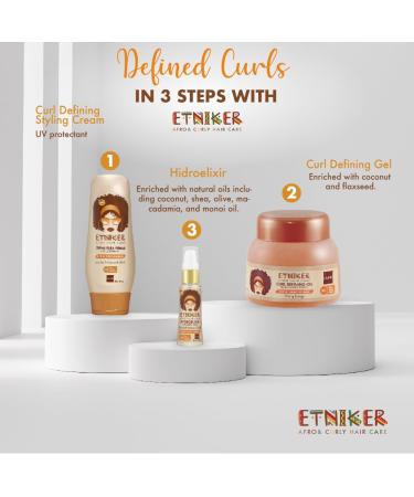 ETNIKER Afro-Textured Hair Define Kit - Gel Hydroelixir & Styling Cream for Curly & Wavy Hair | Nourish & Control with Coconut Shea Butter Monoi Oil | Alcohol Paraben & Sulfate Free | 3 Piece Set - Buy Online on GoSupps.com