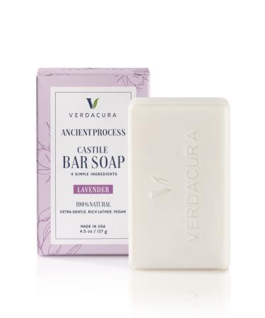 Verdacura Pure Castile Bar Soap for Face Body and Hands All Natural Vegan Soap Ultra-Gentle Biodegradable Sustainable Cruelty Free Palm Oil Free Suitable For Sensitive Skin Made in USA (Lavender 4.5 Ounce 1 Pack) Lavende...