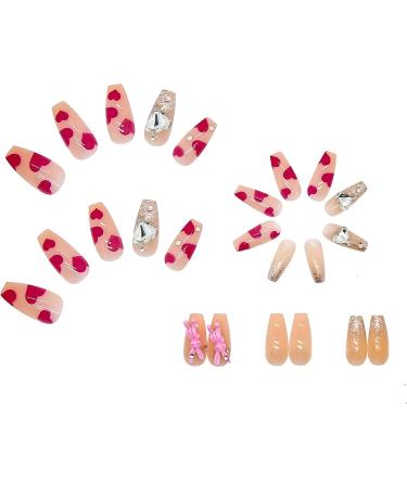 Press-on False Nails 48pcs (2pack) Heart Diamond Long Press On Nails with Rabbit Decoration French Fake Nail Tips DIY Arylic False Nail Tips for Women and Girls - Buy Online on GoSupps.com