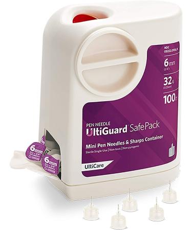 All-in-One UltiGuard Safe Pack Pen Needles and Sharps Container for at-Home Insulin Injections and Safe Needle Disposal, Size: Mini 6mm (1/4) x 32G, 100 Count Self-disposal