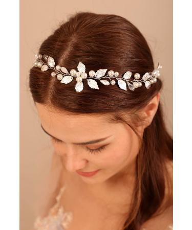 Deniferymakeup Leaf Bride Wedding Hair Vine Pearl Headpiece Bridal Headband Wedding Hair Accessory for Women and Girls (Silver)