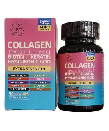 Collagen Peptides Types I II III V & X 64000 MCG 14 in 1 Biotin Keratin Hyaluronic Acid Magnesium MSM Grape Seed Vitamin A C & E Black Pepper Quercetin Folate Zinc (90 Veggie Caps)