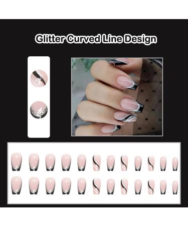 Shop French Tip Press On Nails - Medium Black Glitter Coffin Nails for Weddings & Birthdays | 26 Piece Set - Buy Online on GoSupps.com