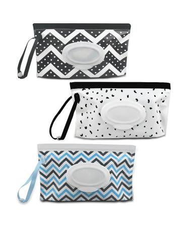 3 Pack Baby Wipes Dispenser Portable Wet Wipe Dispenser Bag Reusable Travel Baby Wipes Container Refillable Wet Wipe Carrying Case Holder for Diaper Bag Lightweight Travel Wipes Dispenser Cases Wavy pattern + Dot pattern