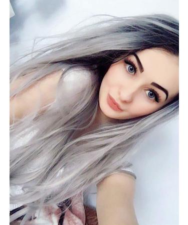 Marber synthetic long wig for women sliver lace front wig gray wave wave ombre wig rooted black realistic natural heat -resistant