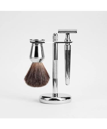 CSB Handmade Badger Hair Shaving Brush Set - Double Edge Safety Razor Chrome Brush and Razor Stand with 10 Blades (Sliver)