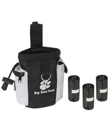 Amathing feed bag for dog training with 60 feces snack bag treats in size 15 x 14 cm (W x H) in black with fastening clip and lockable strech opening medium-sized black
