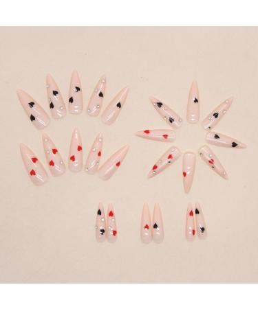 JUSTOTRY 24 Pcs Red & Black Heart Stiletto Fake Nails | Long Nude French Press-On Nails with Diamond Almond Design | Acrylic Extra Long False Nails for Women - Buy Online on GoSupps.com