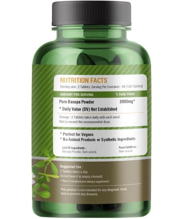 Bacopa Tablets 120 Tablets of 500 mg | Bacopa monnieri | Brahmi Herb| Pack of 1 - Buy Online on GoSupps.com