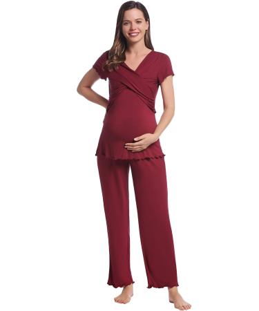 Women Maternity Pyjama Set Short Sleeve Tops & Long Pants Summer Cool Moisture Wicking Pregnancy Labor Nursing Breastfeeding Postpartum Sleepwear XL Wine Red