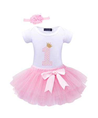 WonderBabe Baby Girls Romper Tulle Tutu Skirt 1st Birthday Short Sleeves Rompers Tops Kids Outfit Clothing Sets B014-Pink 1 Year