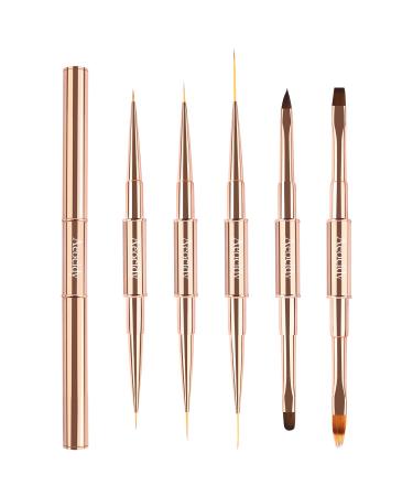 Double-Ended Acrylic Nail Art Brushes Set - 5pcs Nail Brushes Round Oval Gel Builder Brush Nail Art Tools Nail Liner Brush 3D Nail Art Decorations for Acrylic Application Salon at Home DIY Manicure Rose gold