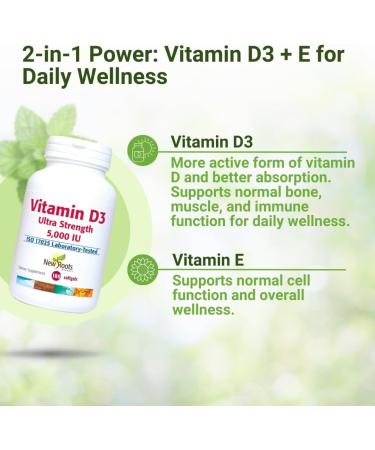 NEW ROOTS HERBAL Vitamin D3 Supplement 5000 IU with Vitamin E | Ultra Strength Vitamin D extracted from Sun Flower (180 Softgels) Non-GMO Effective Immune Support GMP Certified - Buy Online on GoSupps.com