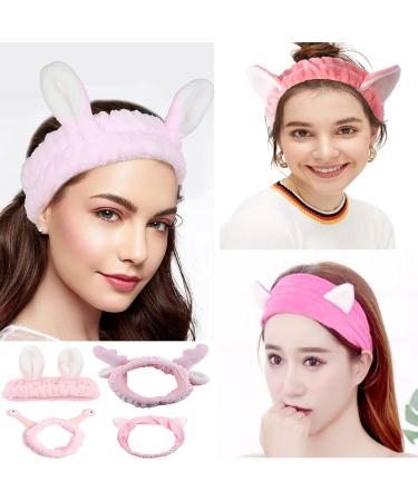 Pink Spa Makeup Headband 4-Pack for Women - Cute Animal Ear Face Wash Hairband - Elastic Coral Fleece Hair Bands - Cosmetic Shower Yoga Head Wraps (Pink) - Buy Online on GoSupps.com