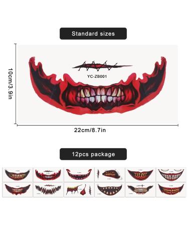 Halloween Prank Makeup Temporary Tattoo Kit - 12PCS Clown Horror Mouth Fake Stickers for Adults & Kids - Scary Face Decals for Halloween Cosplay - Buy Online on GoSupps.com