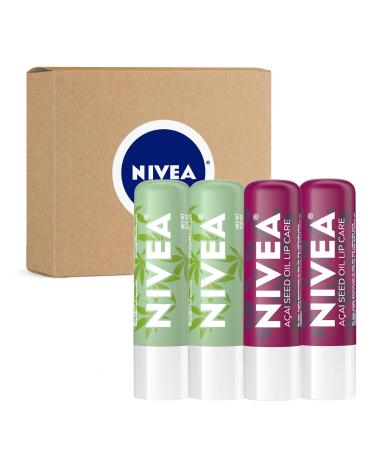 NIVEA Vegan Lip Care Variety Pack Acai Seed Oil Shea Butter Lip Balm Sticks and Hemp Seed Oil Shea Butter Lip Balm Sticks Pack of 4