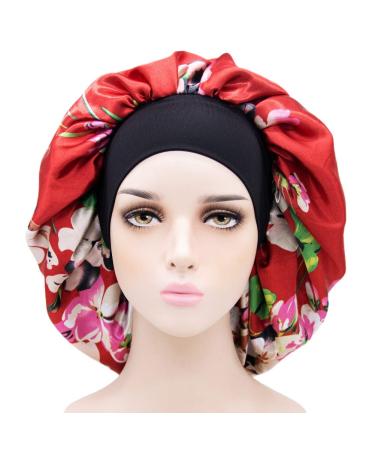 Wide Band Large Satin Bonnet Cap Bonnets for Women Silky Bonnet for Curly Hair Women Hair Wrap for Sleeping Double Layers (Red Flowers)