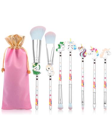 7 Pcs Unicorn Makeup Brush Set Unicorn Gift Cosmetic Brushes for Powder Eyeshadow Blushes Lips Portable Kawaii Makeup Brush Set Unicorn Gifts for Girl Women