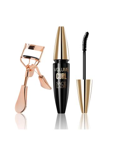 Ultra-Black Mascara with Eyelash Curler Set Volume Curl Waterproof Eyelash Extension Mascara Long Lasting Smudge-proof Thick Natural Eye Make Up Kit 0.35Oz 2 Piece Set