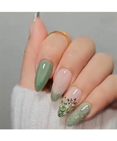 Cat Eye Press on Nails Almond Press on Nails Medium Fake Nails Green French Tip Acrylic False Nails with Flower Designs Glitter Artificial Nails Cute Butterfly Stick on Nails for Women 24Pcs Almond Style-BK33