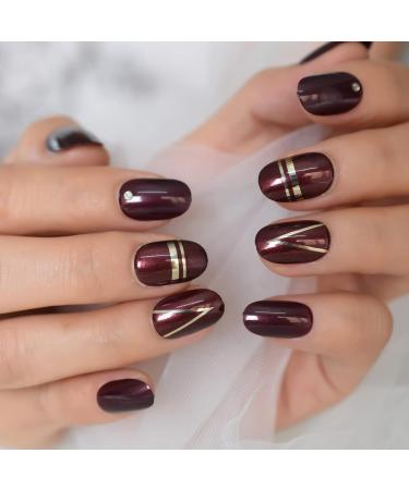 Short Glossy Oval Dark Red Press On Nails Full Cover Acrylic False Nail Art Tips With Adhesive Sticker for Women - Buy Online on GoSupps.com